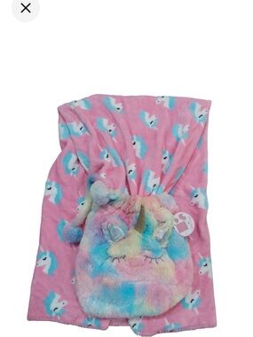 Justice blanket in a bag .Pink and Blue Plush Hooded Unicorn Blanket